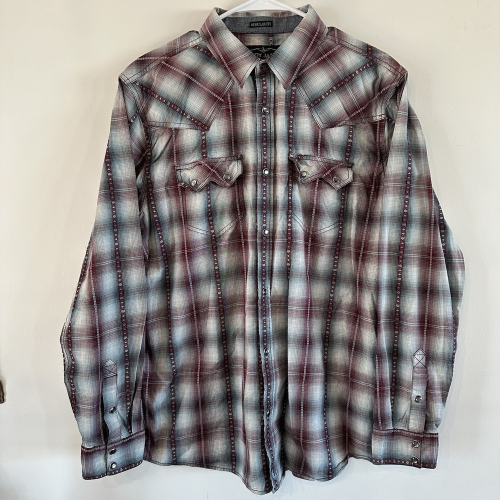 Men's Cody James Western Long Sleeve Plaid Red Blue Shirt Large Pearl Snap